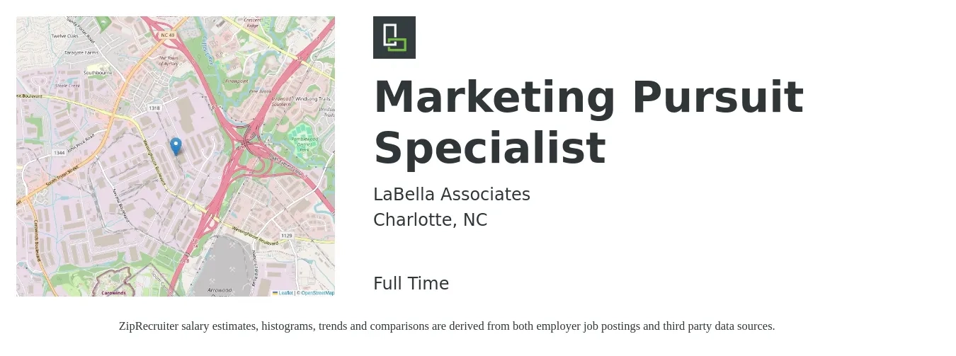 LaBella Associates job posting for a Marketing Pursuit Specialist in Charlotte, NC with a salary of $50,000 to $70,000 Yearly with a map of Charlotte location.