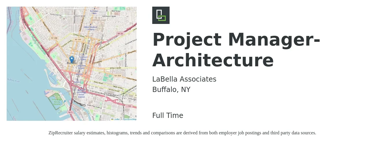 LaBella Associates job posting for a Project Manager- Architecture in Buffalo, NY with a salary of $90,000 to $115,000 Yearly with a map of Buffalo location.