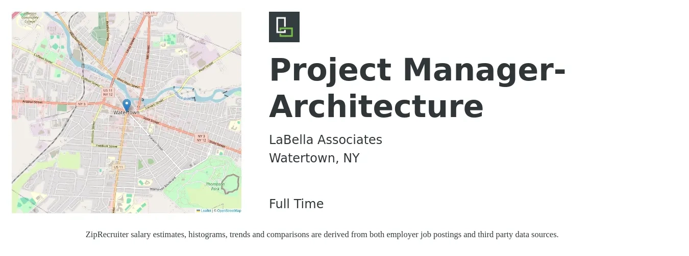 LaBella Associates job posting for a Project Manager- Architecture in Watertown, NY with a salary of $90,000 to $115,000 Yearly with a map of Watertown location.