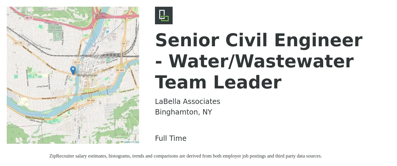 LaBella Associates job posting for a Senior Civil Engineer - Water/Wastewater Team Leader in Binghamton, NY with a salary of $100,000 to $160,000 Yearly with a map of Binghamton location.