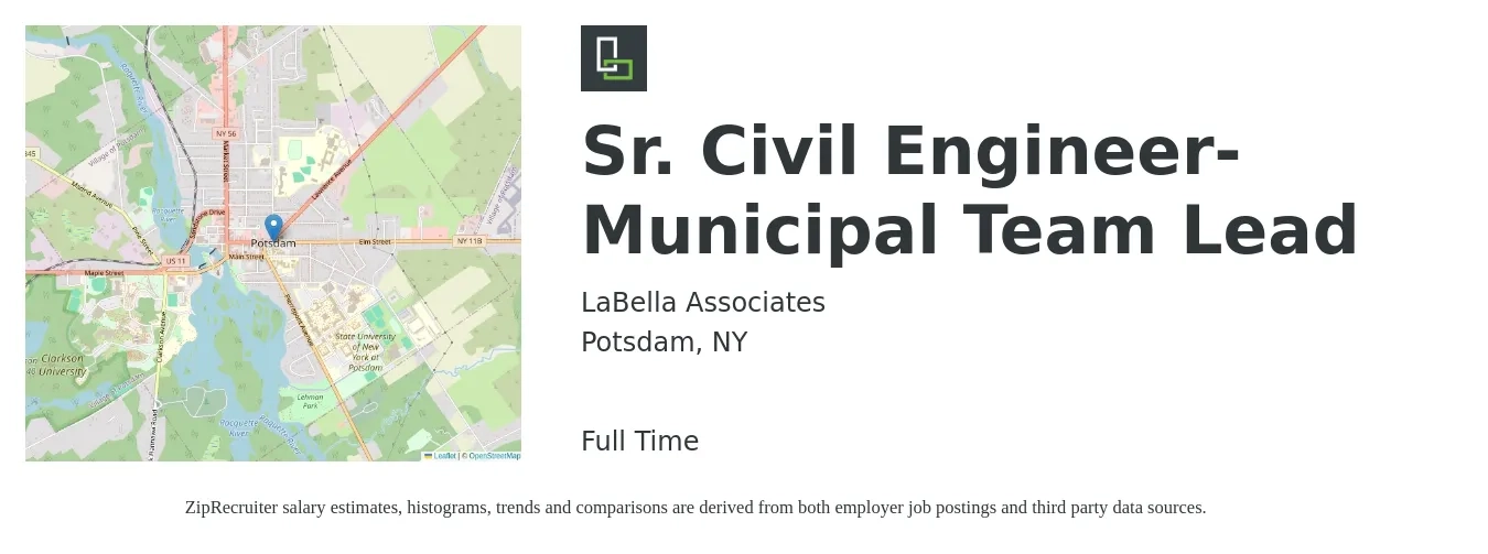 LaBella Associates job posting for a Sr. Civil Engineer- Municipal Team Lead in Potsdam, NY with a salary of $115,000 to $145,000 Yearly with a map of Potsdam location.