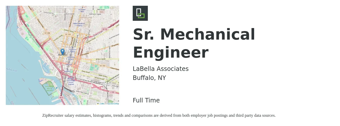 LaBella Associates job posting for a Sr. Mechanical Engineer in Buffalo, NY with a salary of $80,000 to $120,000 Yearly with a map of Buffalo location.