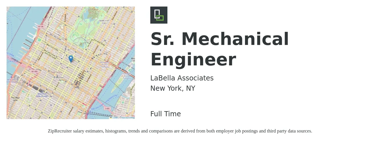 LaBella Associates job posting for a Sr. Mechanical Engineer in New York, NY with a salary of $80,000 to $120,000 Yearly with a map of New York location.