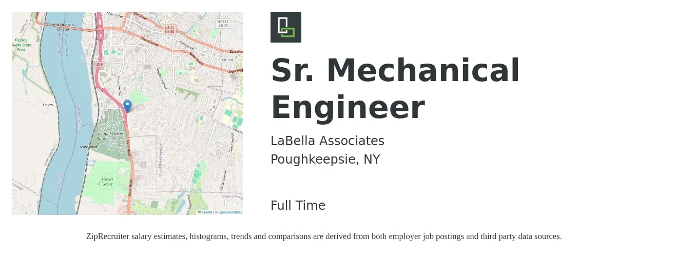 LaBella Associates job posting for a Sr. Mechanical Engineer in Poughkeepsie, NY with a salary of $80,000 to $120,000 Yearly with a map of Poughkeepsie location.