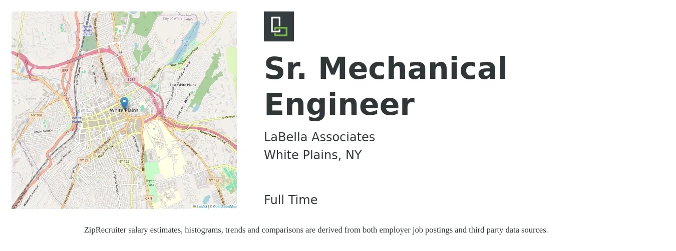 LaBella Associates job posting for a Sr. Mechanical Engineer in White Plains, NY with a salary of $80,000 to $120,000 Yearly with a map of White Plains location.