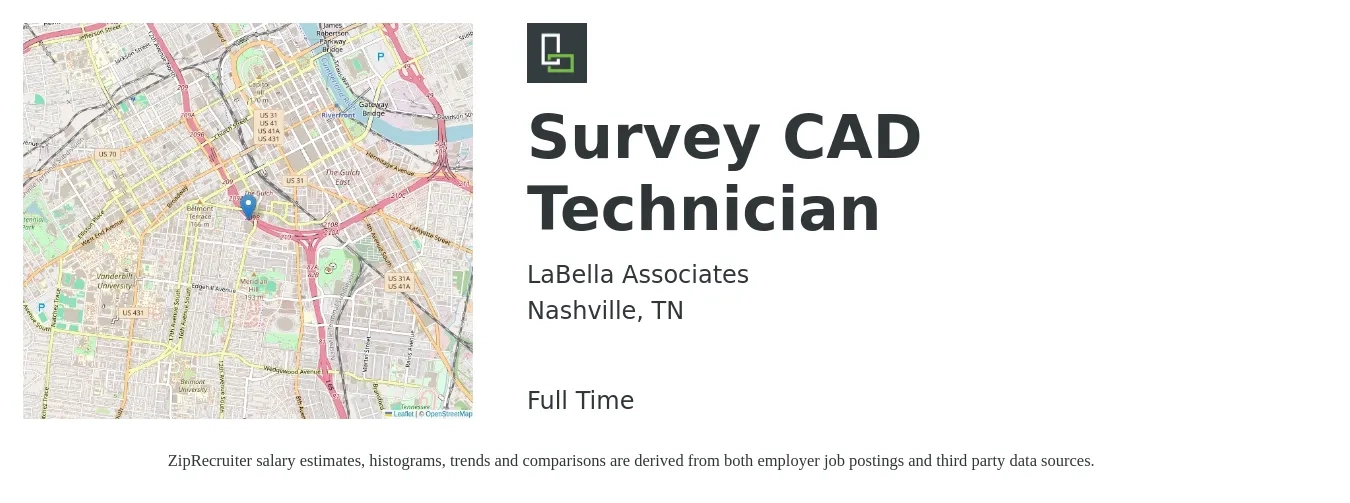 LaBella Associates job posting for a Survey CAD Technician in Nashville, TN with a salary of $21 to $31 Hourly with a map of Nashville location.