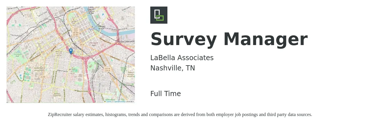 LaBella Associates job posting for a Survey Manager in Nashville, TN with a salary of $81,100 to $115,900 Yearly with a map of Nashville location.
