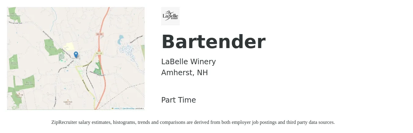 LaBelle Winery job posting for a Bartender in Amherst, NH with a salary of $10 to $19 Hourly with a map of Amherst location.