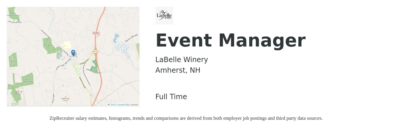 LaBelle Winery job posting for a Event Manager in Amherst, NH with a salary of $46,200 to $77,000 Yearly with a map of Amherst location.