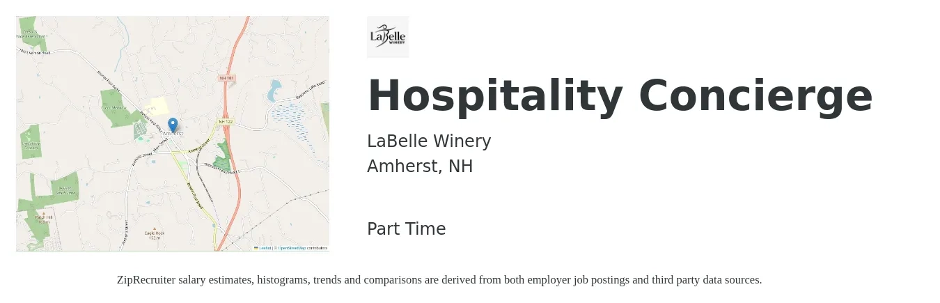 LaBelle Winery job posting for a Hospitality Concierge in Amherst, NH with a salary of $18 Hourly with a map of Amherst location.
