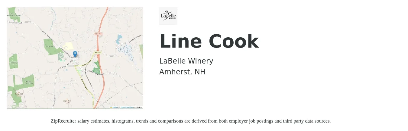 LaBelle Winery job posting for a Line Cook in Amherst, NH with a salary of $16 to $20 Hourly with a map of Amherst location.