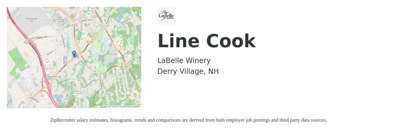 LaBelle Winery job posting for a Line Cook in Derry Village, NH with a salary of $16 to $20 Hourly with a map of Derry Village location.