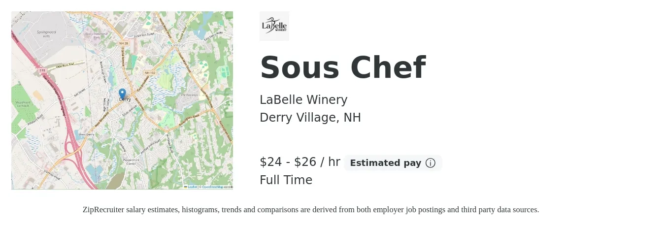 LaBelle Winery job posting for a Sous Chef in Derry Village, NH with a salary of $25 to $28 Hourly with a map of Derry Village location.