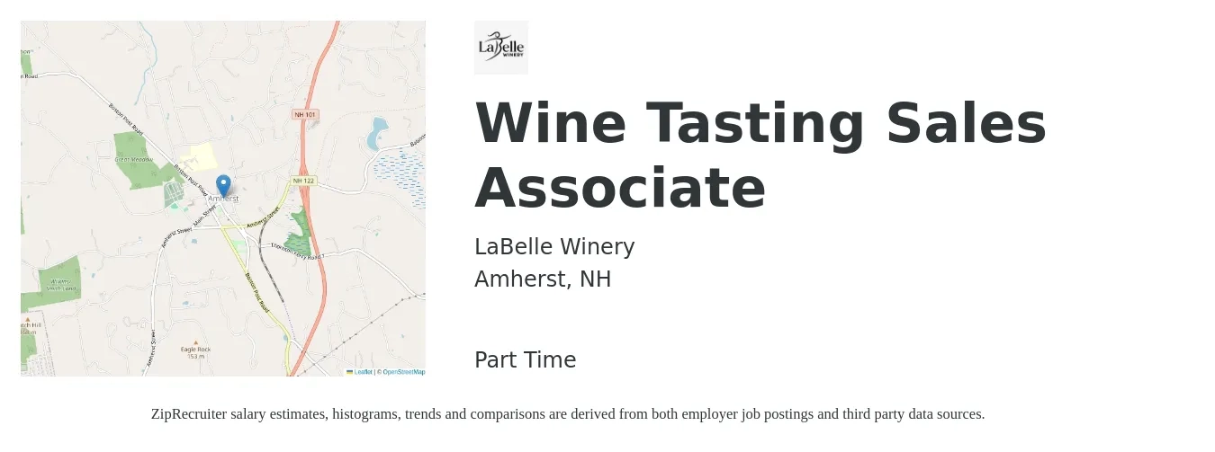 LaBelle Winery job posting for a Wine Tasting Sales Associate in Amherst, NH with a salary of $36,500 to $58,500 Yearly with a map of Amherst location.