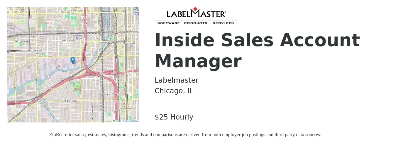 Labelmaster job posting for a Inside Sales Account Manager in Chicago, IL with a salary of $26 Hourly with a map of Chicago location.