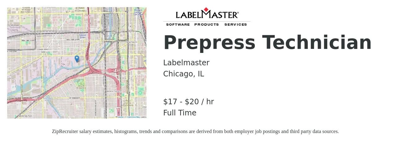 Labelmaster job posting for a Prepress Technician in Chicago, IL with a salary of $18 to $21 Hourly with a map of Chicago location.