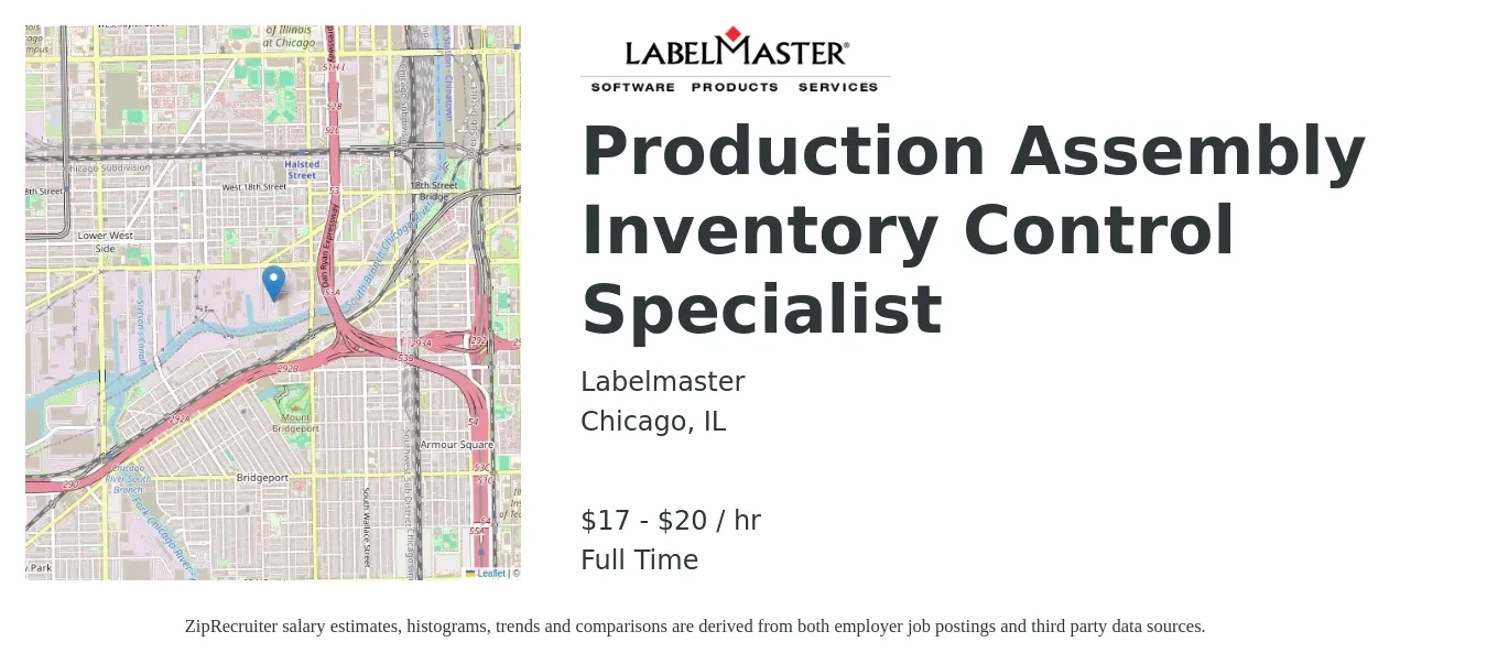 Labelmaster job posting for a Production Assembly Inventory Control Specialist in Chicago, IL with a salary of $18 to $21 Hourly with a map of Chicago location.