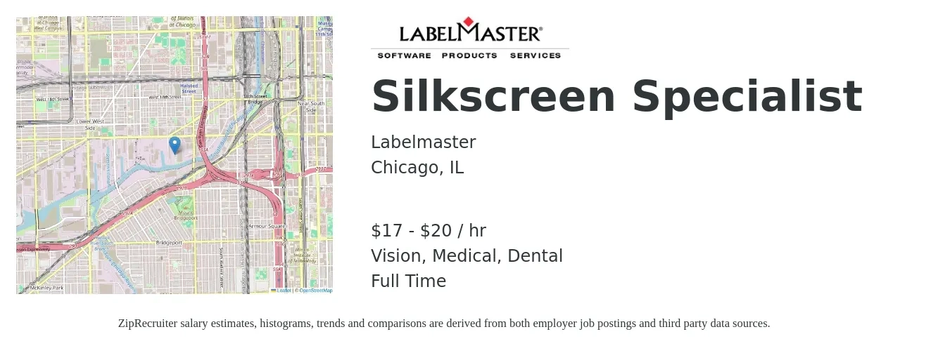 Labelmaster job posting for a Silkscreen Specialist in Chicago, IL with a salary of $18 to $21 Hourly with a map of Chicago location.