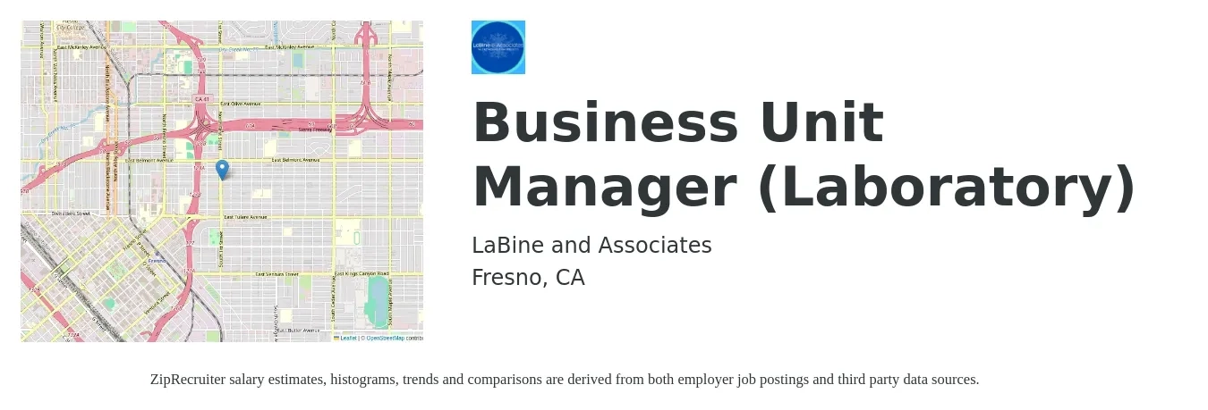 LaBine and Associates job posting for a Business Unit Manager (Laboratory) in Fresno, CA with a salary of $93,600 to $133,900 Yearly with a map of Fresno location.