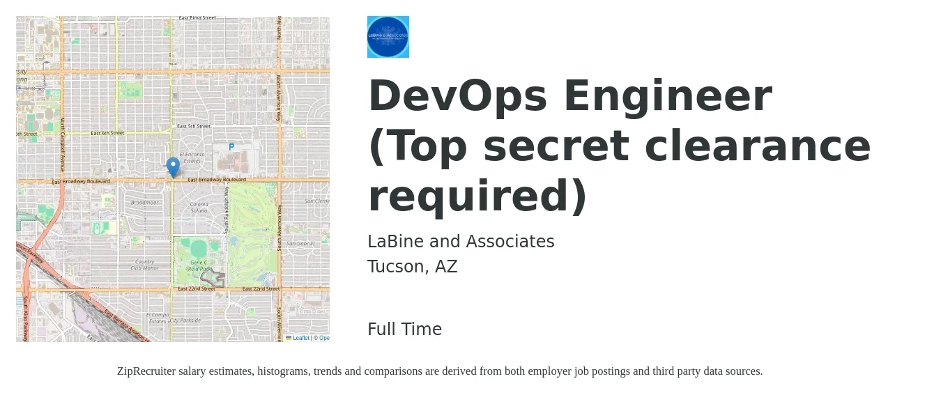 LaBine and Associates job posting for a DevOps Engineer (Top secret clearance required) in Tucson, AZ with a salary of $49 to $67 Hourly with a map of Tucson location.