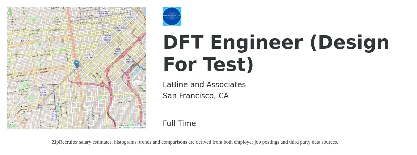 LaBine and Associates job posting for a DFT Engineer (Design For Test) in San Francisco, CA with a salary of $55 to $93 Hourly with a map of San Francisco location.