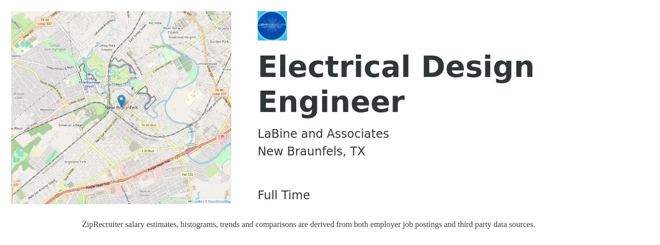 LaBine and Associates job posting for a Electrical Design Engineer in New Braunfels, TX with a salary of $73,900 to $103,400 Yearly with a map of New Braunfels location.