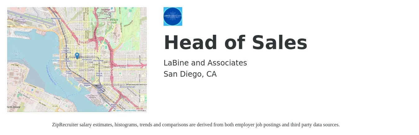 LaBine and Associates job posting for a Head of Sales in San Diego, CA with a salary of $74,800 to $132,700 Yearly with a map of San Diego location.