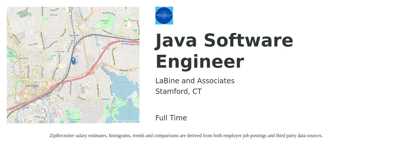 LaBine and Associates job posting for a Java Software Engineer in Stamford, CT with a salary of $55 to $76 Hourly with a map of Stamford location.
