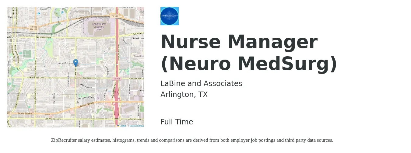 LaBine and Associates job posting for a Nurse Manager (Neuro MedSurg) in Arlington, TX with a salary of $1,780 to $2,500 Weekly with a map of Arlington location.
