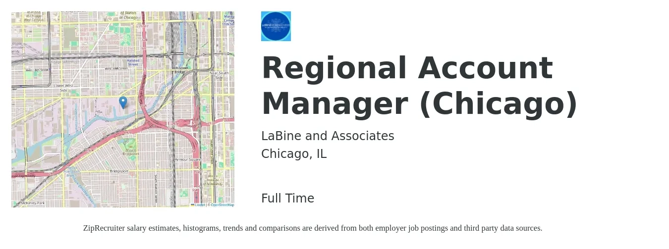 LaBine and Associates job posting for a Regional Account Manager (Chicago) in Chicago, IL with a salary of $73,700 to $118,000 Yearly with a map of Chicago location.