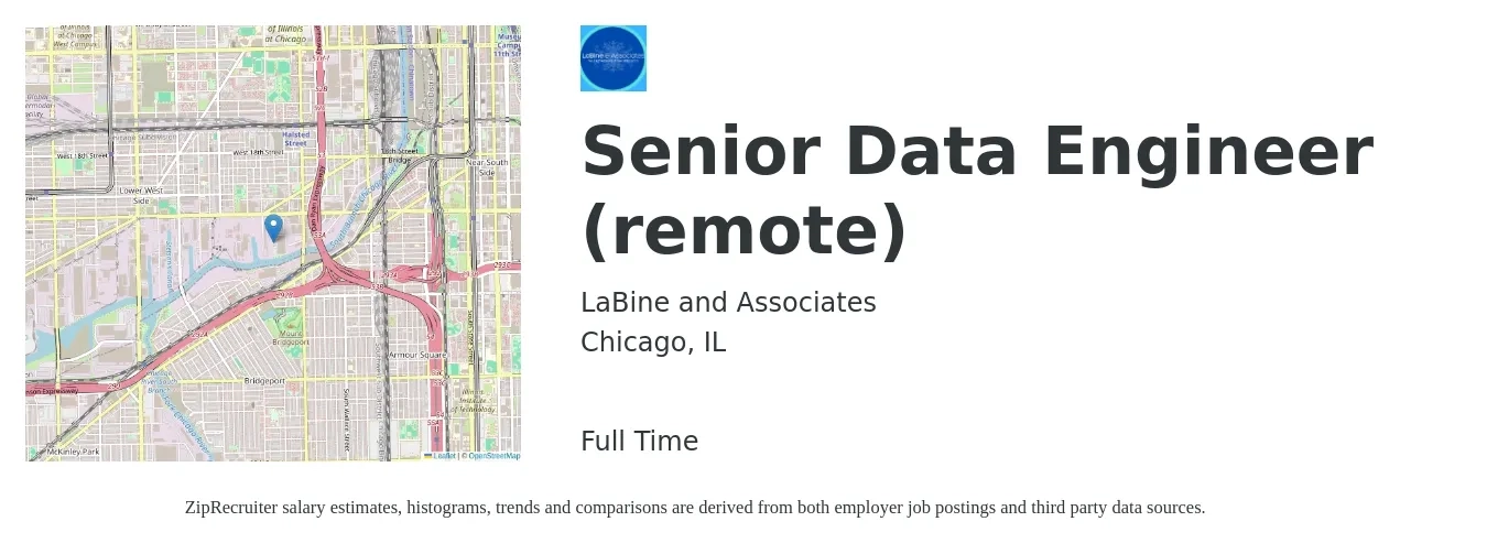LaBine and Associates job posting for a Senior Data Engineer (remote) in Chicago, IL with a salary of $109,300 to $148,500 Yearly with a map of Chicago location.