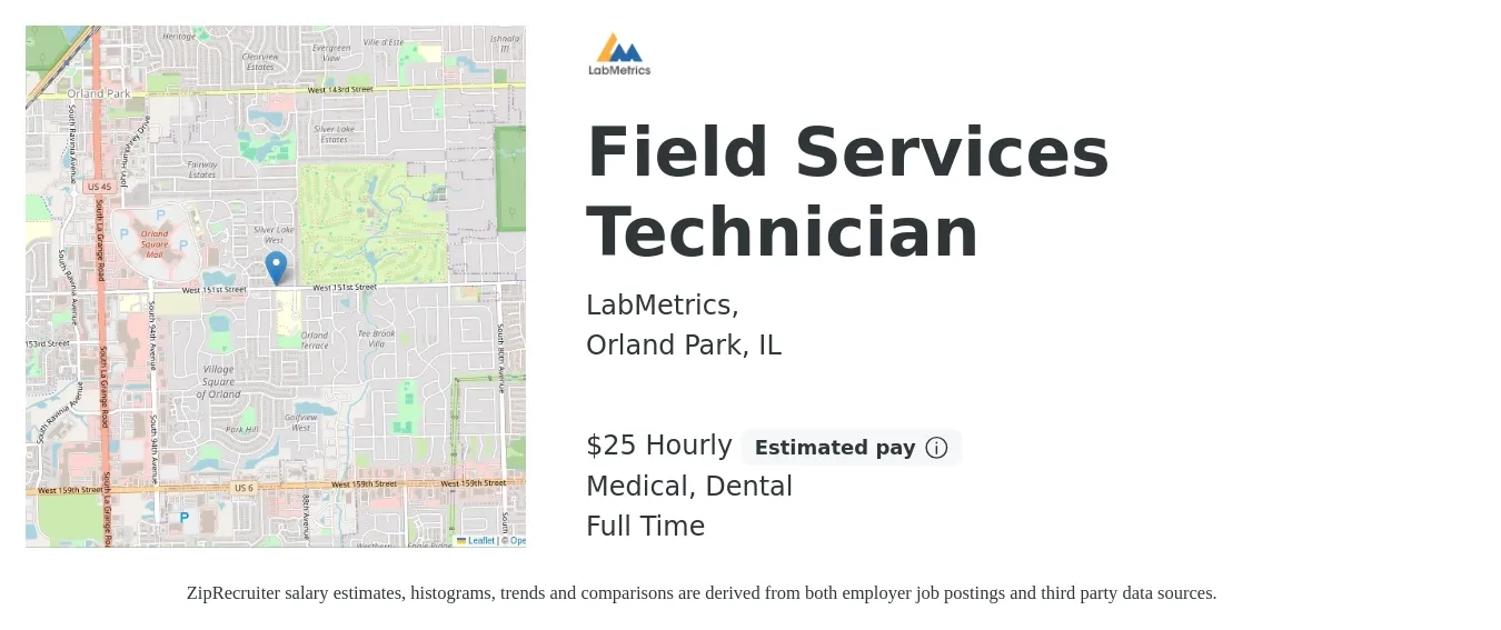 LabMetrics, job posting for a Field Services Technician in Orland Park, IL with a salary of $27 Hourly and benefits including dental, and medical with a map of Orland Park location.