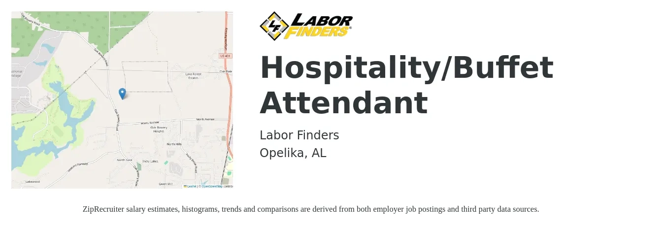 Labor Finders job posting for a Hospitality/Buffet Attendant in Opelika, AL with a salary of $10 to $14 Hourly with a map of Opelika location.