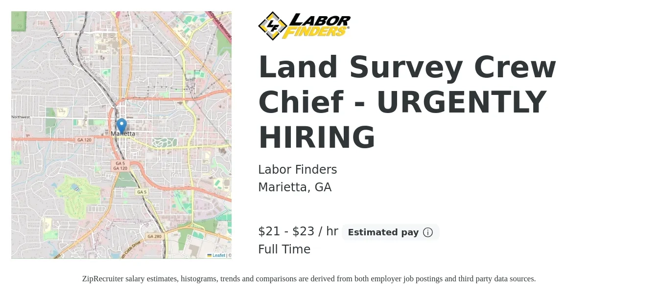 Labor Finders job posting for a Land Survey Crew Chief - URGENTLY HIRING in Marietta, GA with a salary of $22 to $24 Hourly with a map of Marietta location.