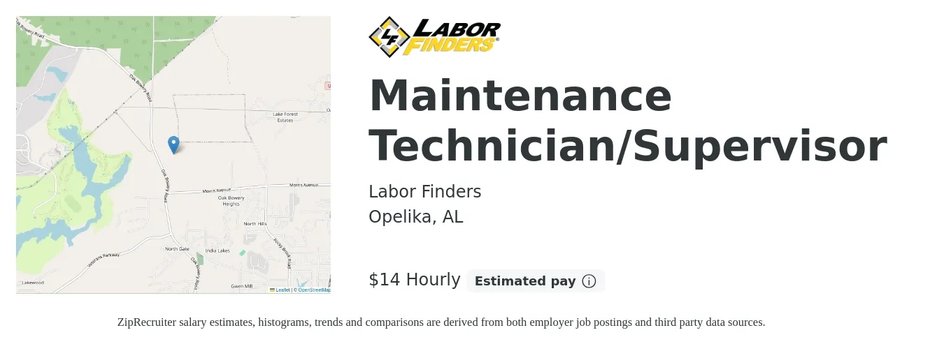 Labor Finders job posting for a Maintenance Technician/Supervisor in Opelika, AL with a salary of $15 Hourly with a map of Opelika location.