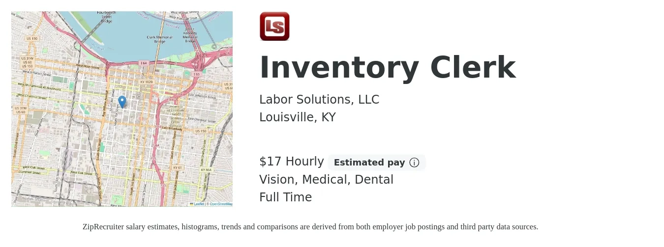 Labor Solutions, LLC job posting for a Inventory Clerk in Louisville, KY with a salary of $18 Hourly and benefits including retirement, vision, dental, life_insurance, and medical with a map of Louisville location.