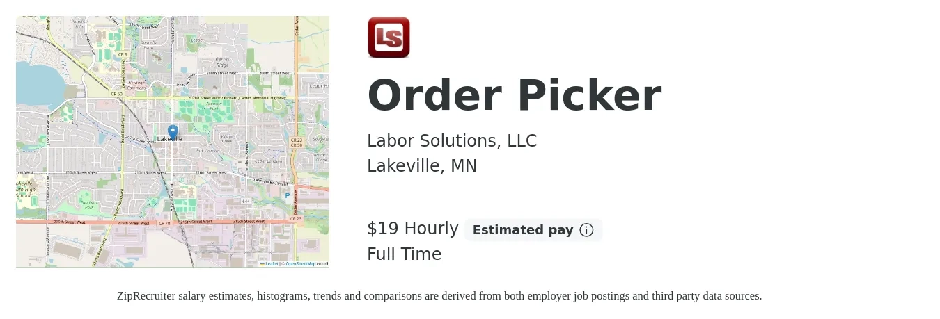 Labor Solutions, LLC job posting for a Order Picker in Lakeville, MN with a salary of $20 Hourly with a map of Lakeville location.