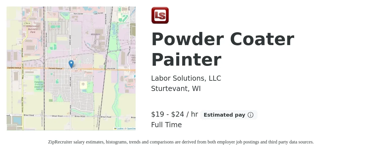 Labor Solutions, LLC job posting for a Powder Coater Painter in Sturtevant, WI with a salary of $20 to $25 Hourly with a map of Sturtevant location.