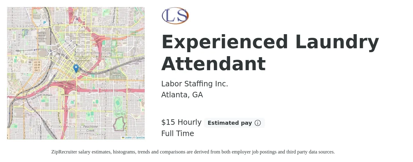 Labor Staffing Inc. job posting for a Experienced Laundry Attendant in Atlanta, GA with a salary of $16 Hourly with a map of Atlanta location.