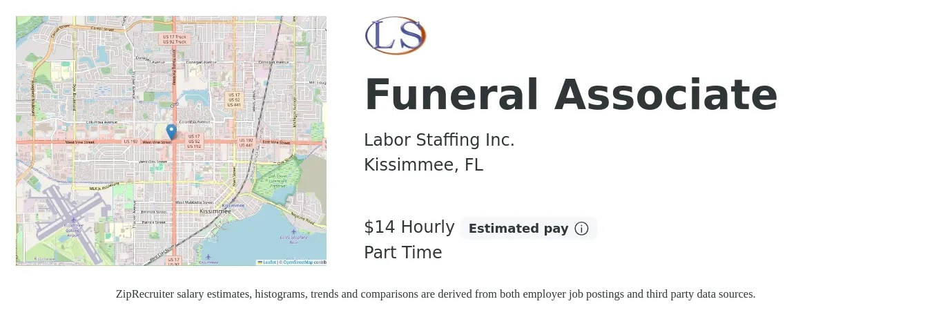 Labor Staffing Inc. job posting for a Funeral Associate in Kissimmee, FL with a salary of $15 Hourly with a map of Kissimmee location.