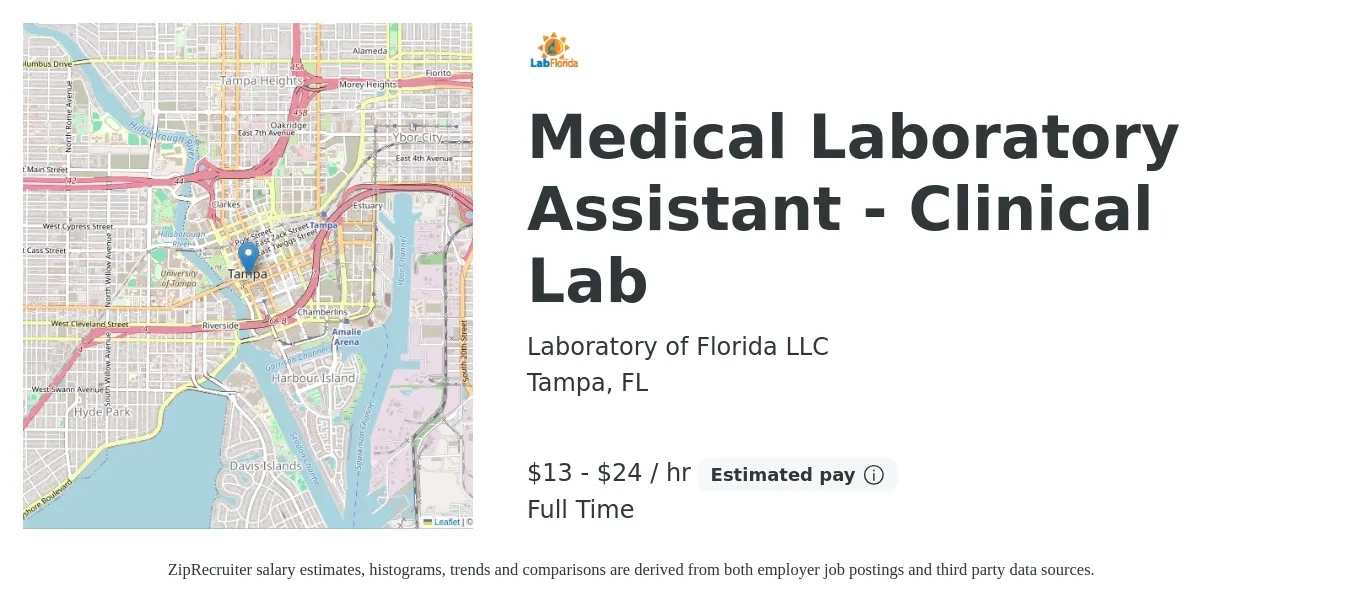 Laboratory of Florida LLC job posting for a Medical Laboratory Assistant - Clinical Lab in Tampa, FL with a salary of $14 to $25 Hourly and benefits including pto with a map of Tampa location.