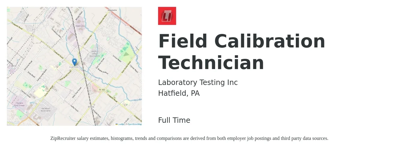 Laboratory Testing, Inc. job posting for a Field Calibration Technician in Hatfield, PA with a salary of $20 to $30 Hourly with a map of Hatfield location.
