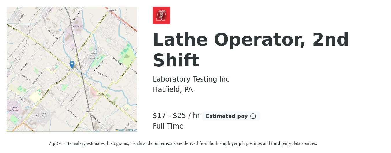 Laboratory Testing Inc job posting for a Lathe Operator, 2nd Shift in Hatfield, PA with a salary of $18 to $26 Hourly with a map of Hatfield location.
