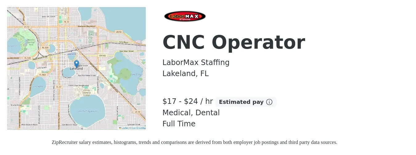 LaborMax Staffing job posting for a CNC Operator in Lakeland, FL with a salary of $18 to $25 Hourly and benefits including dental, and medical with a map of Lakeland location.