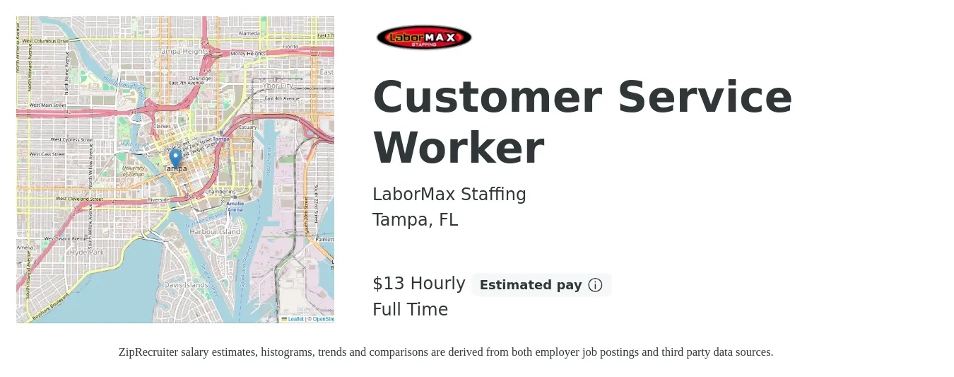 LaborMax Staffing job posting for a Customer Service Worker in Tampa, FL with a salary of $14 Hourly with a map of Tampa location.