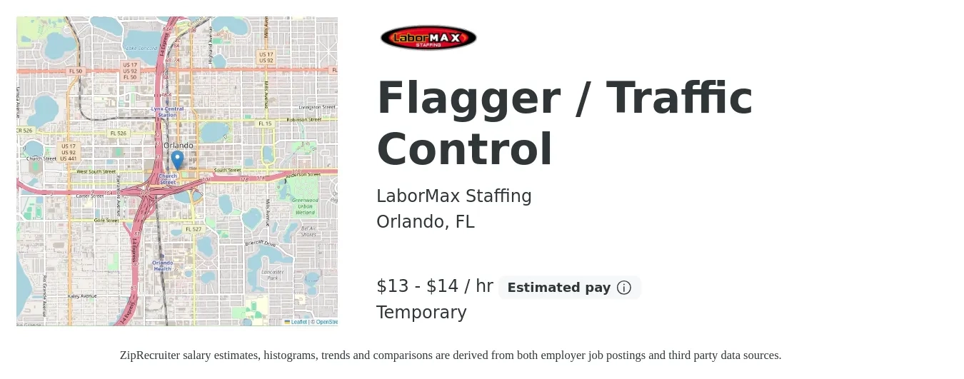 LaborMax Staffing job posting for a Flagger / Traffic Control in Orlando, FL with a salary of $14 to $15 Hourly with a map of Orlando location.