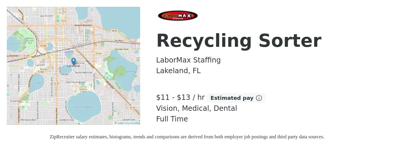 LaborMax Staffing job posting for a Recycling Sorter in Lakeland, FL with a salary of $12 to $14 Hourly and benefits including dental, medical, retirement, and vision with a map of Lakeland location.