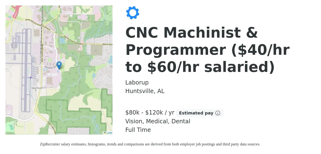 Laborup job posting for a CNC Machinist & Programmer ($40/hr to $60/hr salaried) in Huntsville, AL with a salary of $80,000 to $120,000 Yearly and benefits including medical, pto, retirement, vision, dental, and life_insurance with a map of Huntsville location.