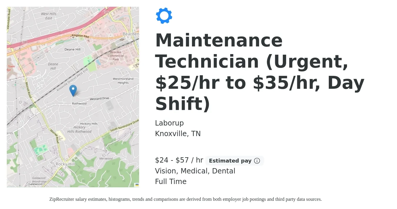Laborup job posting for a Maintenance Technician (Urgent, $25/hr to $35/hr, Day Shift) in Knoxville, TN with a salary of $25 to $60 Hourly and benefits including retirement, vision, dental, life_insurance, medical, and pto with a map of Knoxville location.