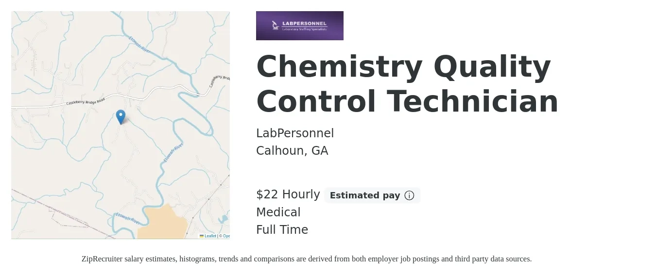 LabPersonnel job posting for a Chemistry Quality Control Technician in Calhoun, GA with a salary of $24 Hourly and benefits including medical, and pto with a map of Calhoun location.